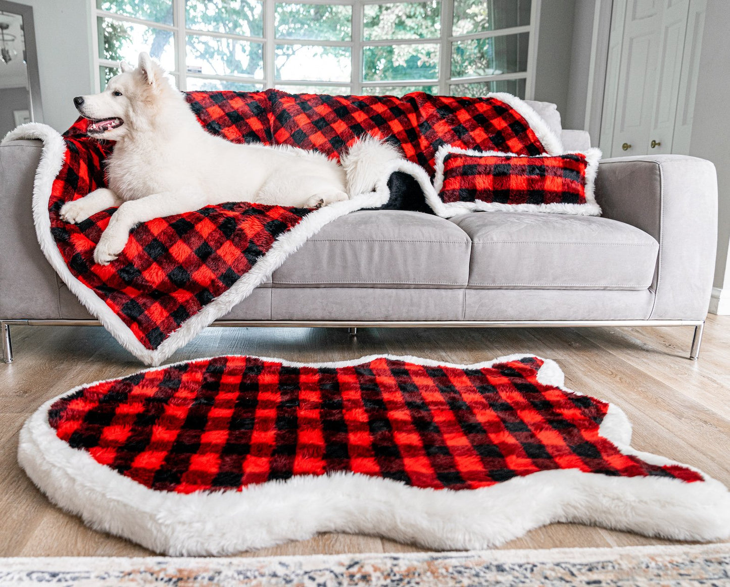 Santa's Choice Bundle - Winter Plaid Orthopedic Dog Bed + Matching Blanket + Pillow + Marlie Mist