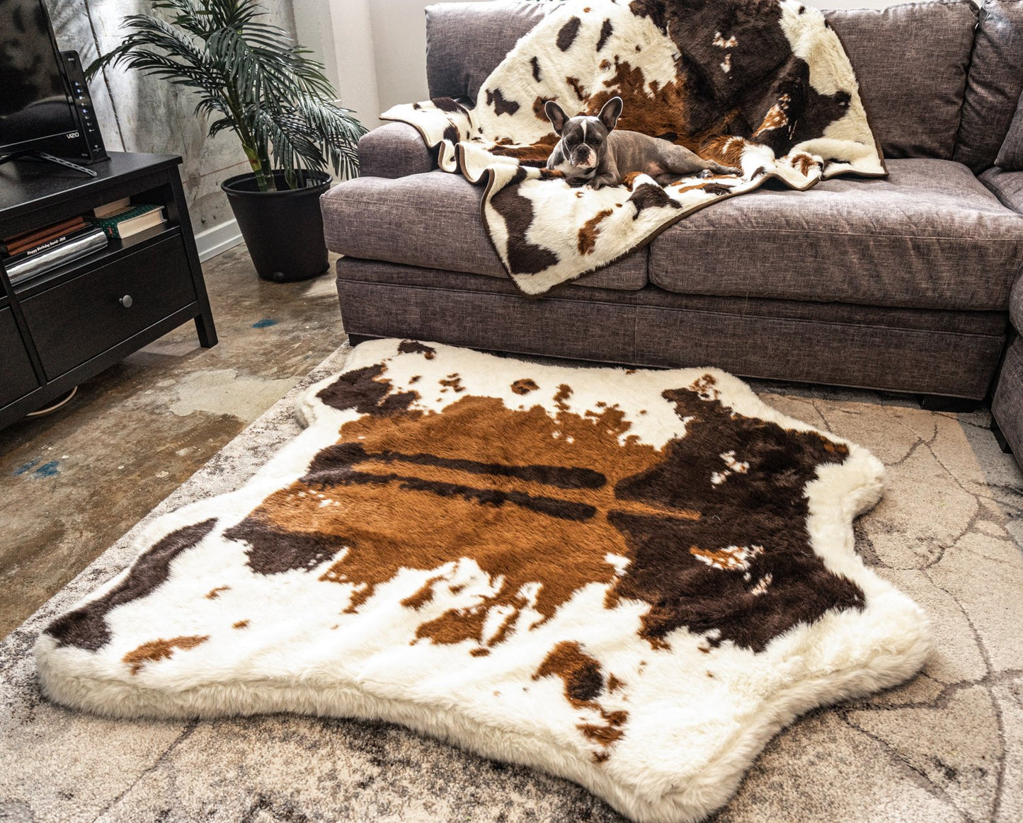 PupRug™ Bundle - Memory Foam Bed, Brown Faux Cowhide & Matching Waterproof Blanket