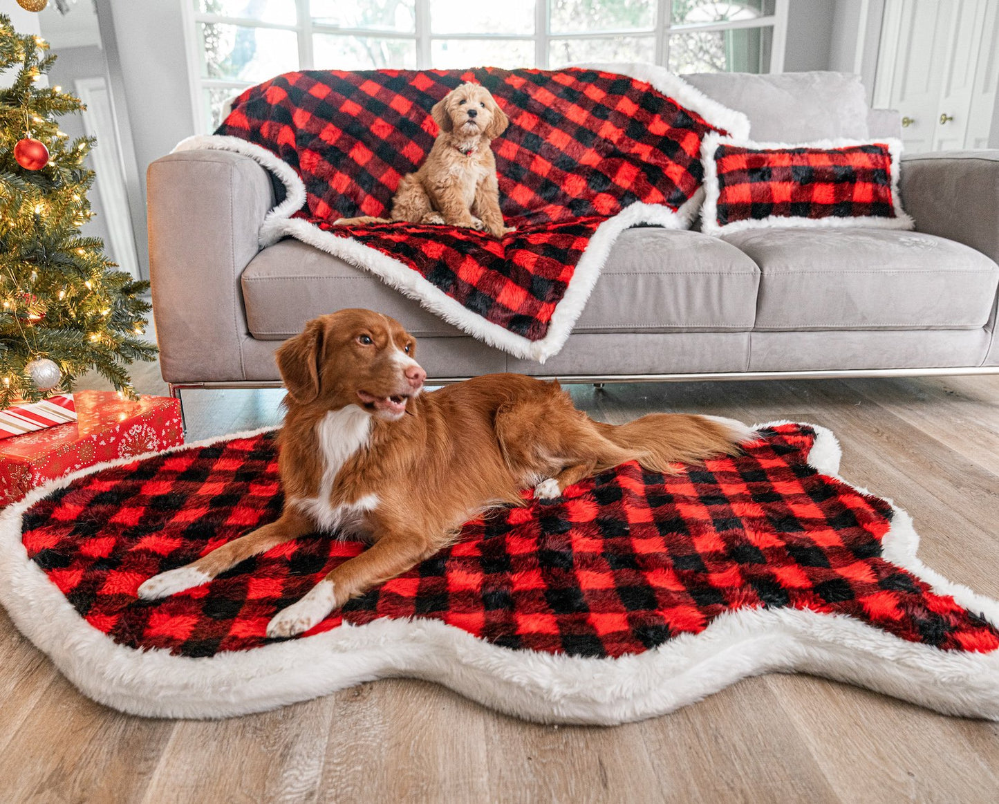 PupRug™ Bundle - Orthopedic Bed Curve, Winter Plaid + Matching Waterproof Blanket + Pillow