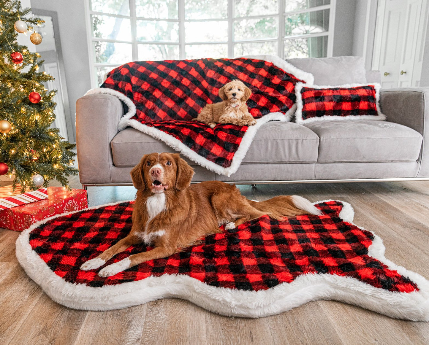 Santa's Choice Bundle - Winter Plaid Orthopedic Dog Bed + Matching Blanket + Pillow + Marlie Mist