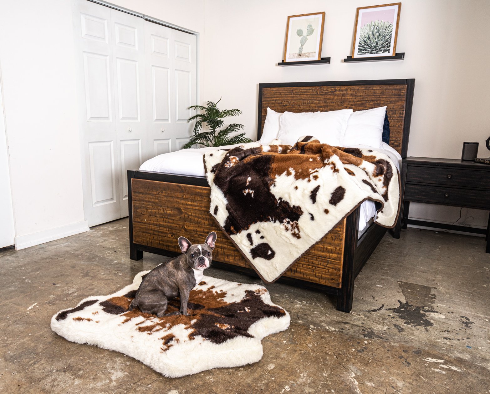 PupRug™ Junior Bundle - Memory Foam Bed, Brown Faux Cowhide & Matching Waterproof Blanket