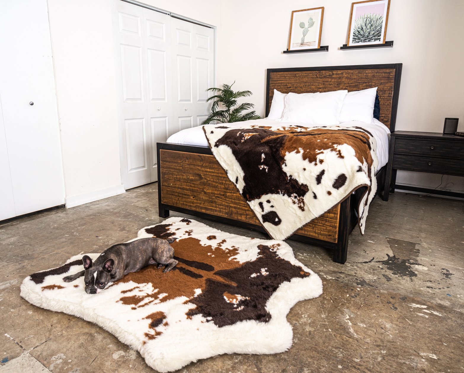 PupRug™ Bundle - Memory Foam Bed, Brown Faux Cowhide & Matching Waterproof Blanket