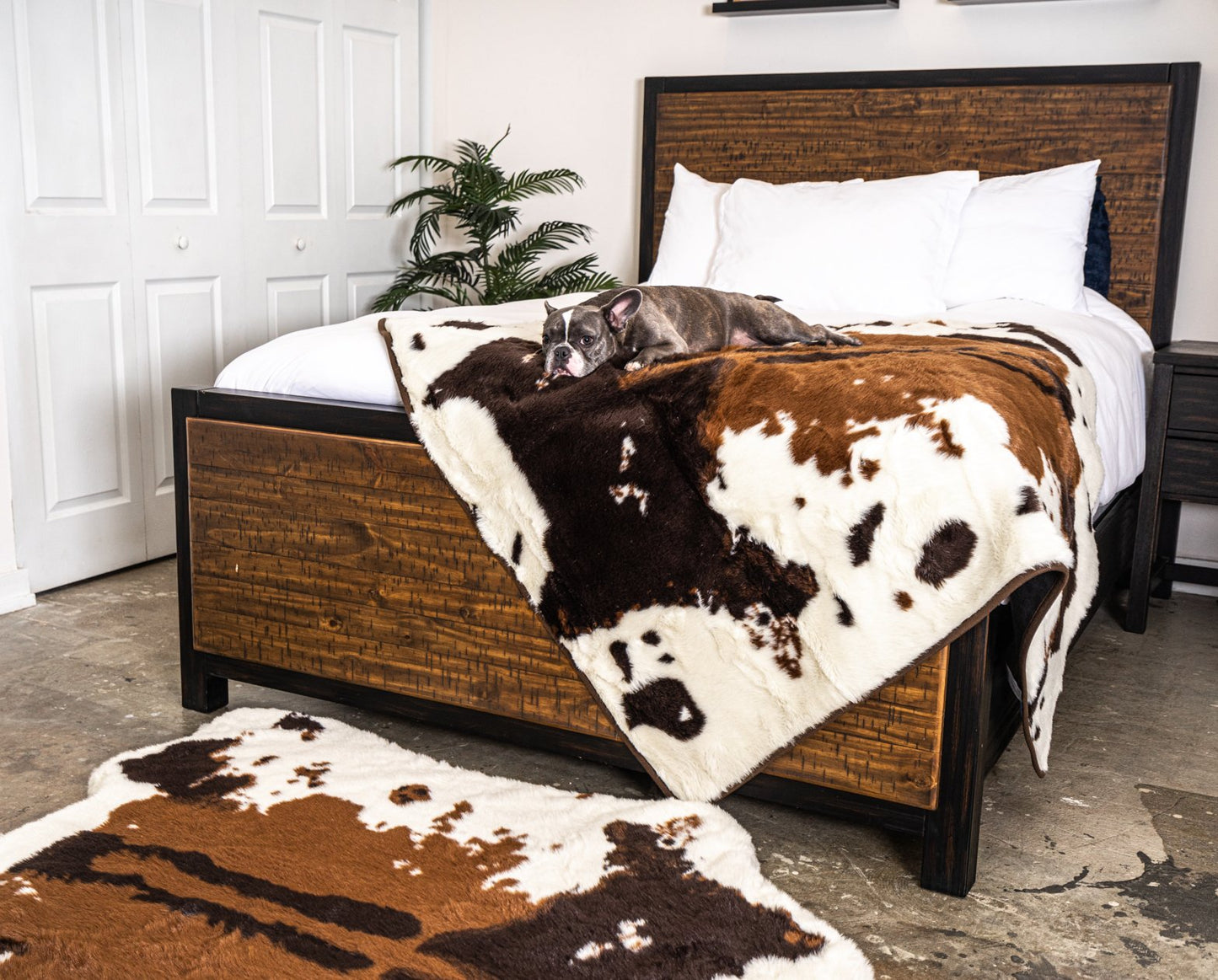 PupRug™ Bundle - Memory Foam Bed, Brown Faux Cowhide & Matching Waterproof Blanket