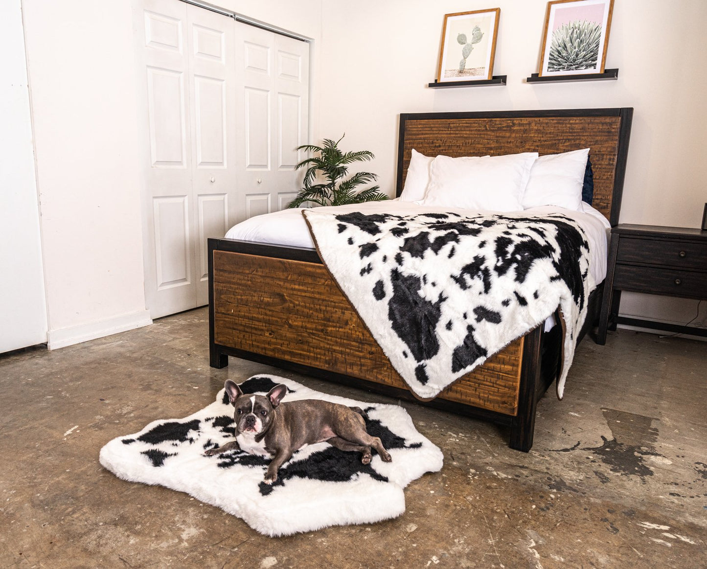 PupRug™ Junior Bundle - Memory Foam Bed, Black Faux Cowhide & Matching Waterproof Blanket
