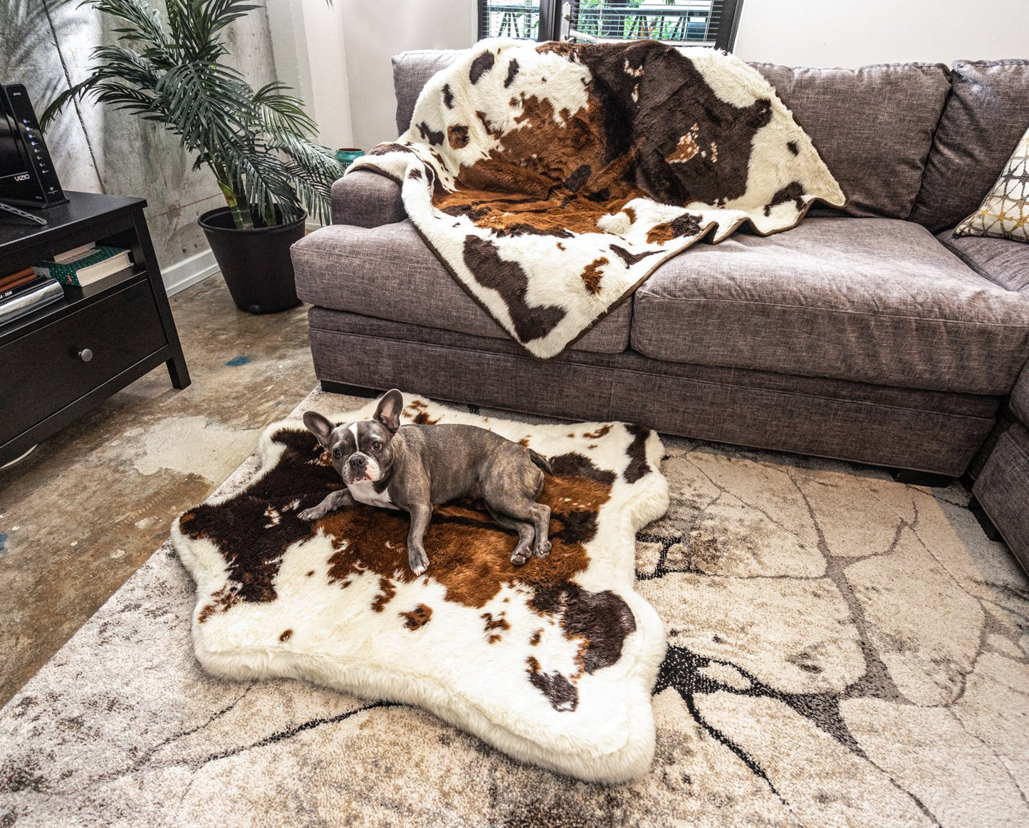 PupRug™ Junior Bundle - Memory Foam Bed, Brown Faux Cowhide & Matching Waterproof Blanket
