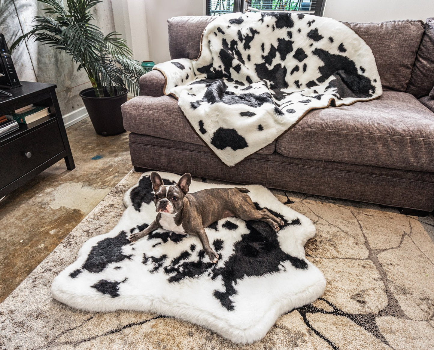 PupRug™ Junior Bundle - Memory Foam Bed, Black Faux Cowhide & Matching Waterproof Blanket