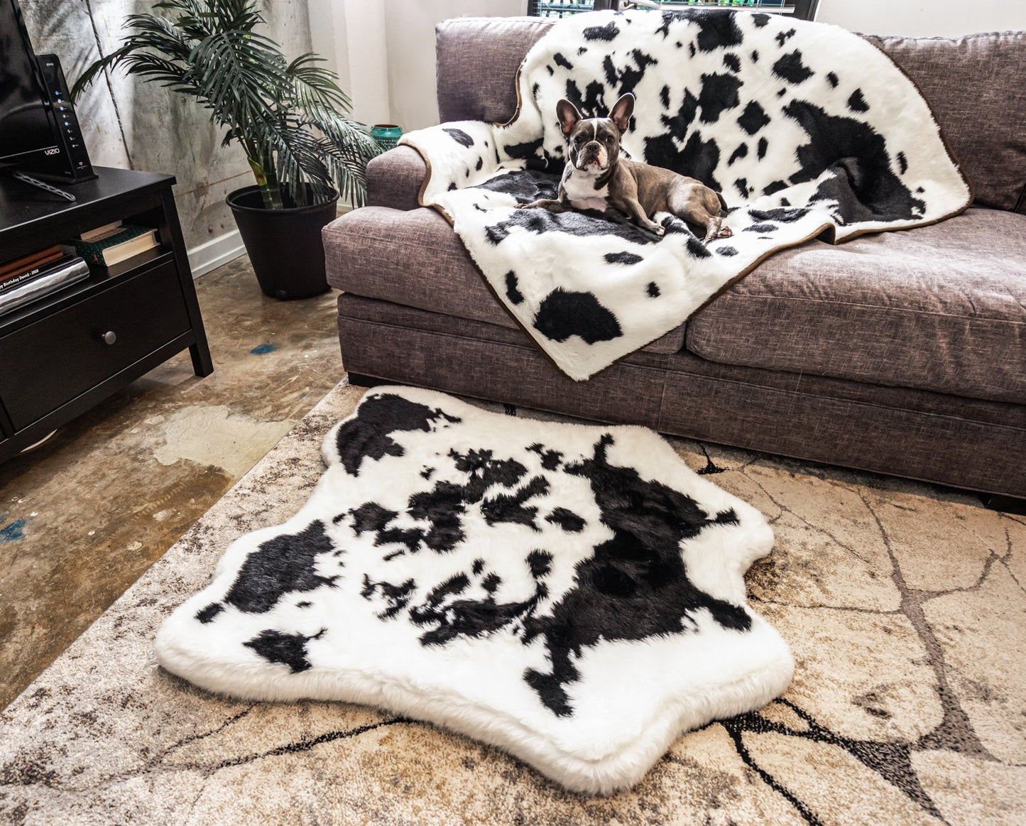 PupRug™ Junior Bundle - Memory Foam Bed, Black Faux Cowhide & Matching Waterproof Blanket