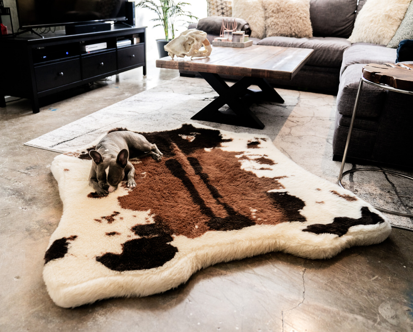 PupRug™ Bundle - Memory Foam Bed, Brown Faux Cowhide & Matching Waterproof Blanket